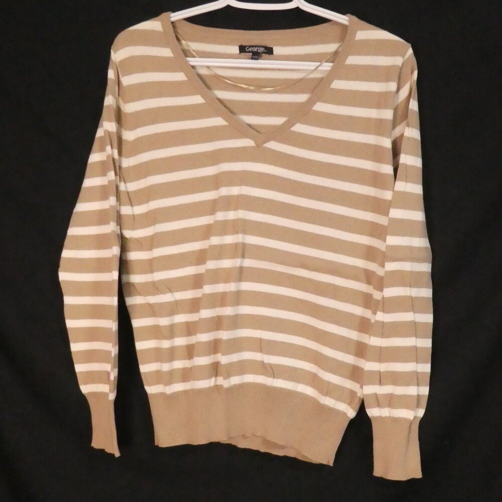 GEORGE | medium | Beige and White Striped V-Neck Lightweight Sweater